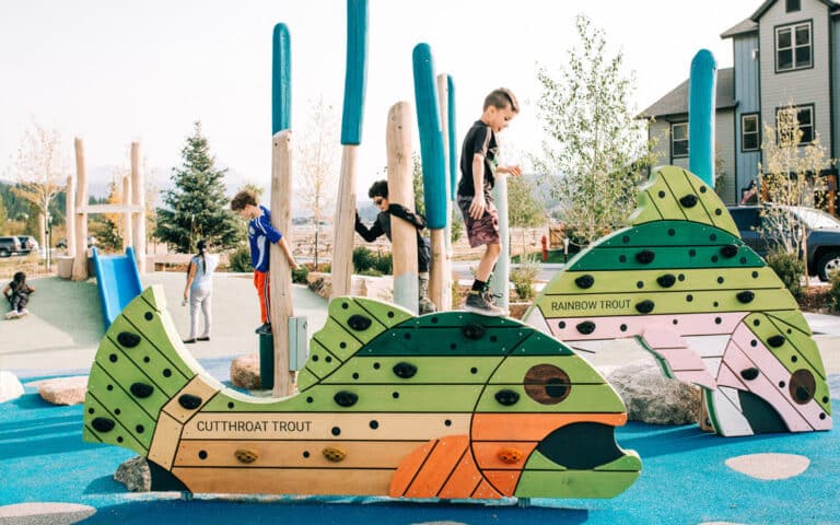 Children play on a custom wooden playground that features structures shaped like fish
