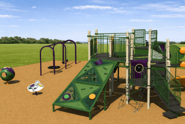 This Mardi Gras-themed playground featuring a Playworld PlayHill climber, structure, and custom Pelican Playgrounds logo spring rider is 20% off when you order before February 17, 2026!