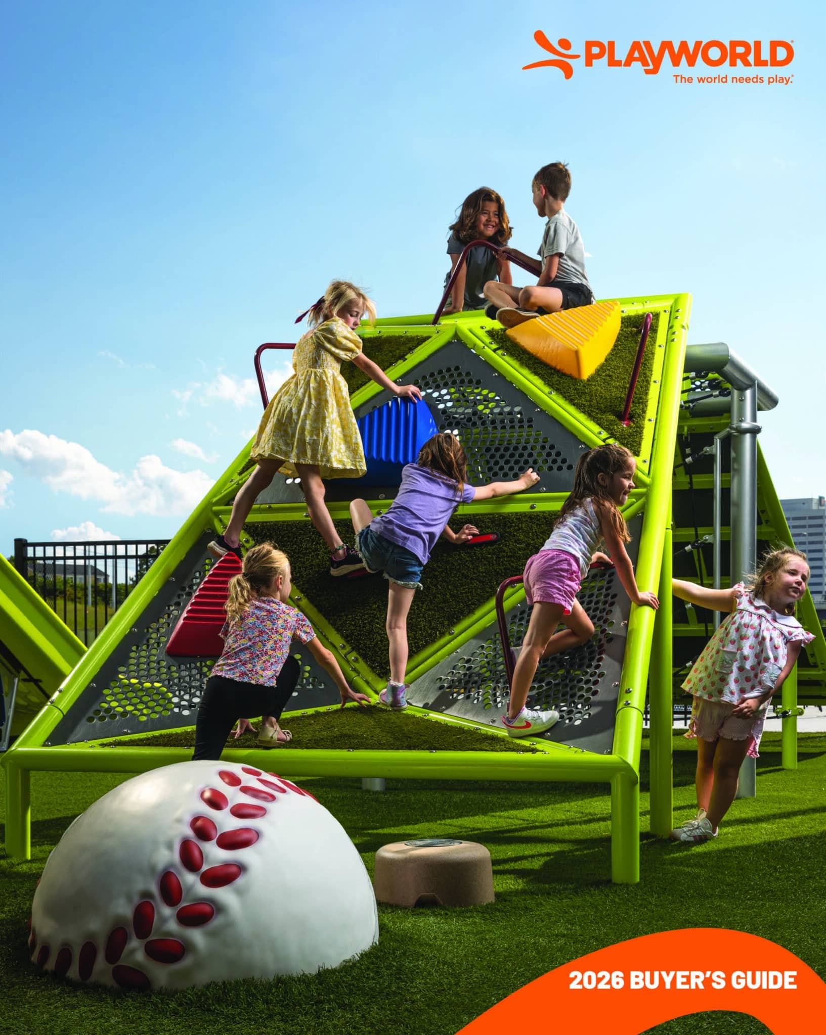 Children climb up a commercial playground climber with custom baseball steps in this cover image of the Playworld 2026 Buyer's Guide.
